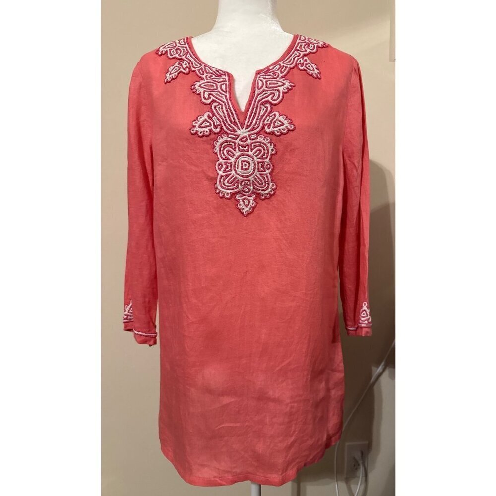 Charter Club 100% Linen Beaded Embroidery Coral Bohemian Tunic Shirt Large